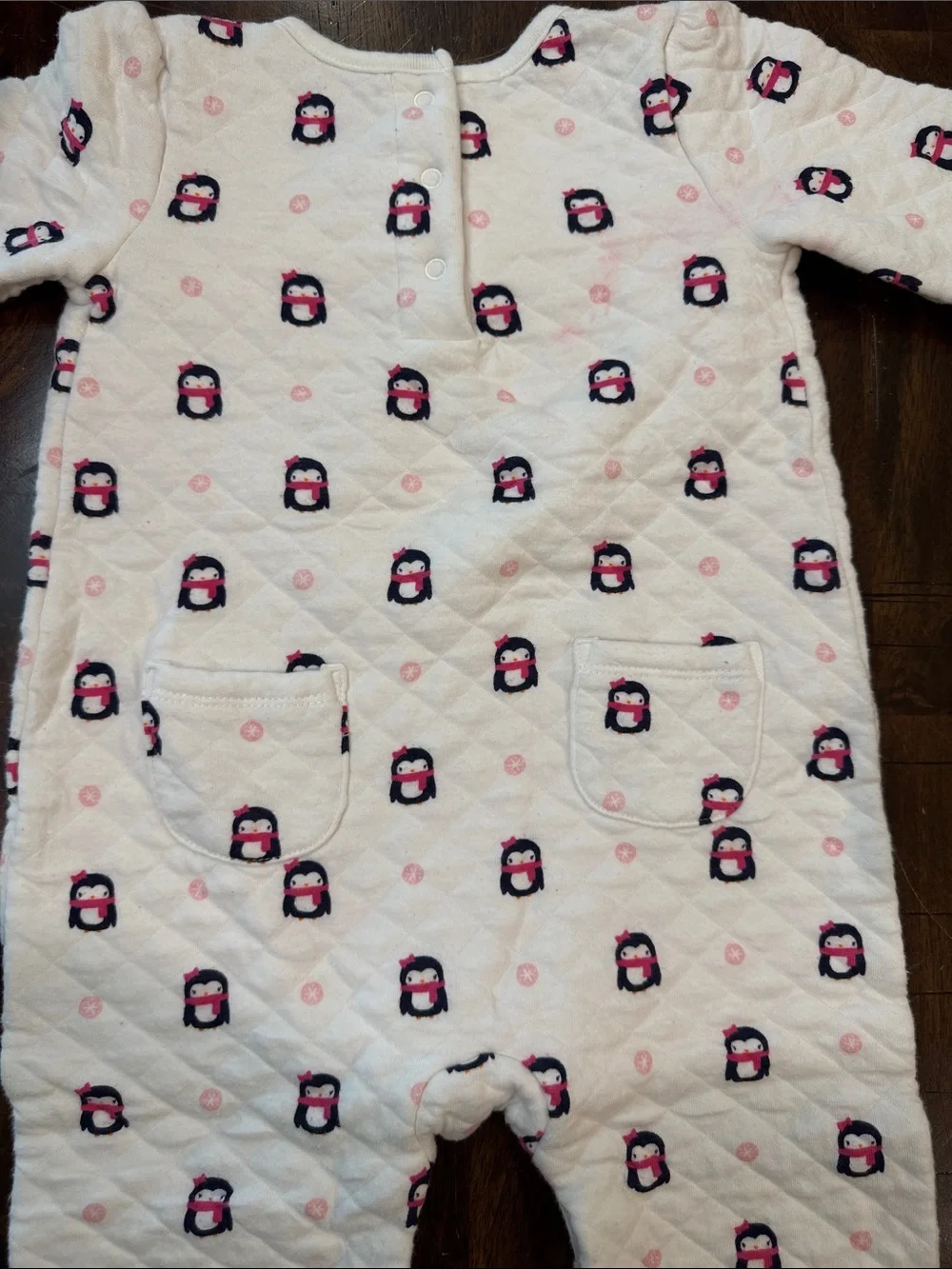 Gymboree White Quilted One Piece Loungewear with Pink & Navy Penguin Print